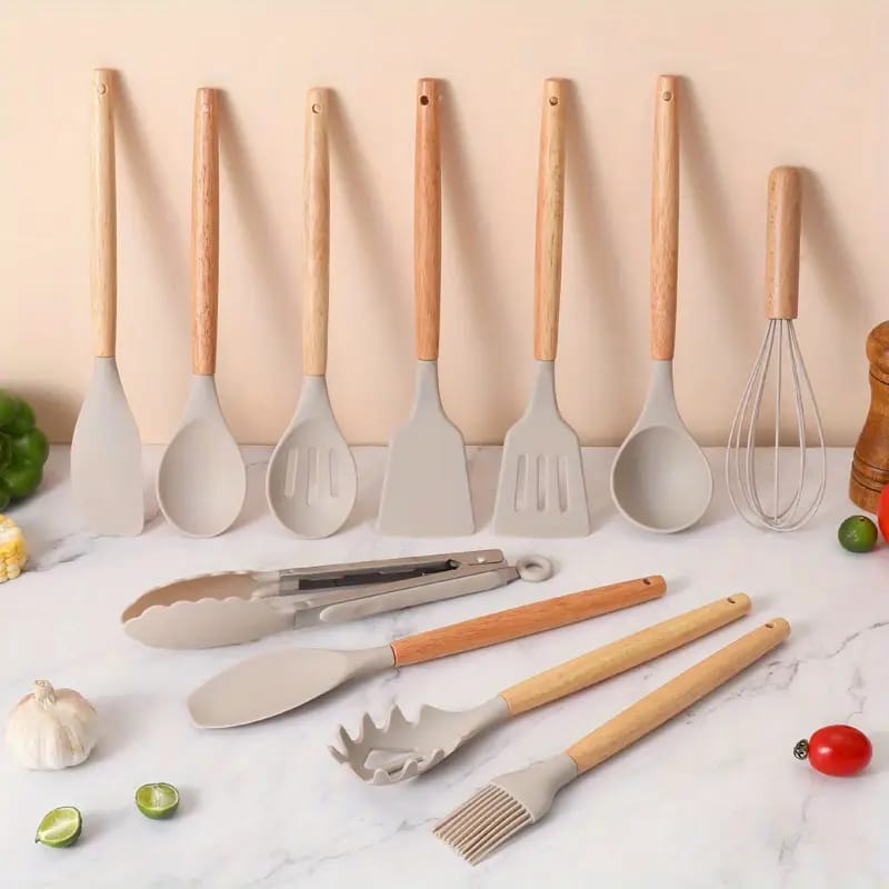 12 Piece Silicone Kitchen Utensils Set – Heat Resistant Cooking Tools with Bamboo Handle & Holder | Non-Stick Safe