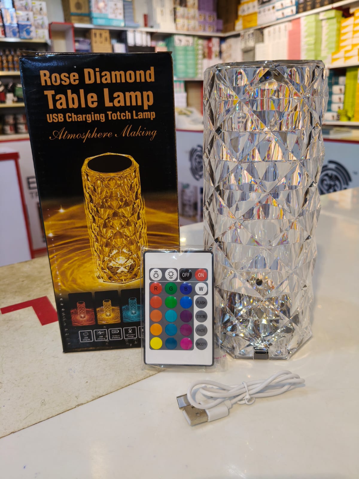 Crystal Rose Diamond Table Lamp – 16 Color RGB Touch & Remote Control | USB Rechargeable LED Night Light