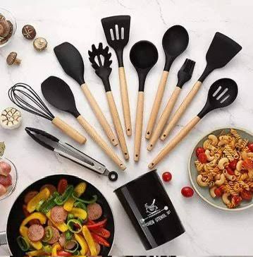 12 Piece Silicone Kitchen Utensils Set – Heat Resistant Cooking Tools with Bamboo Handle & Holder | Non-Stick Safe