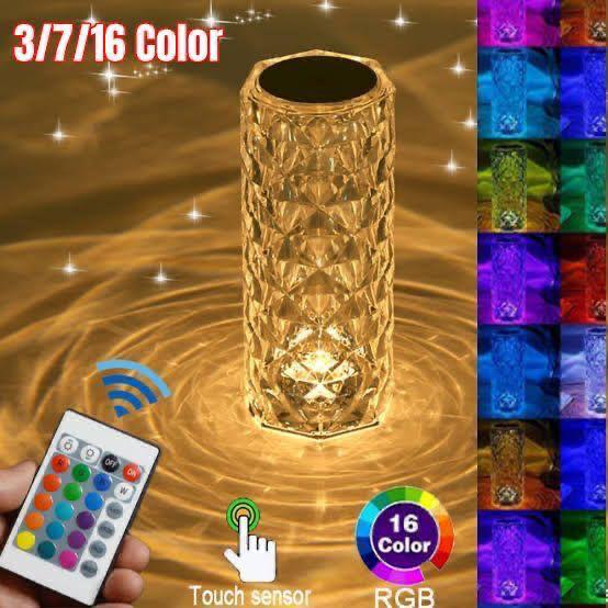 Crystal Rose Diamond Table Lamp – 16 Color RGB Touch & Remote Control | USB Rechargeable LED Night Light